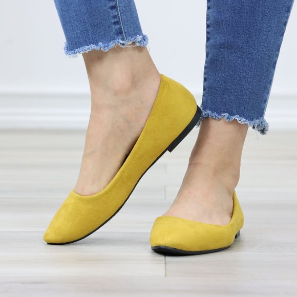 Mustard Yellow Faux Suede Wide Pointy Toe Slip On Flat Shoes - Picture 11 of 12
